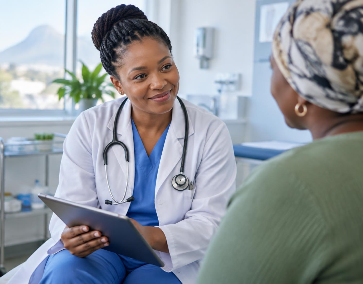 A doctor consulting with a patient in a bright clinic